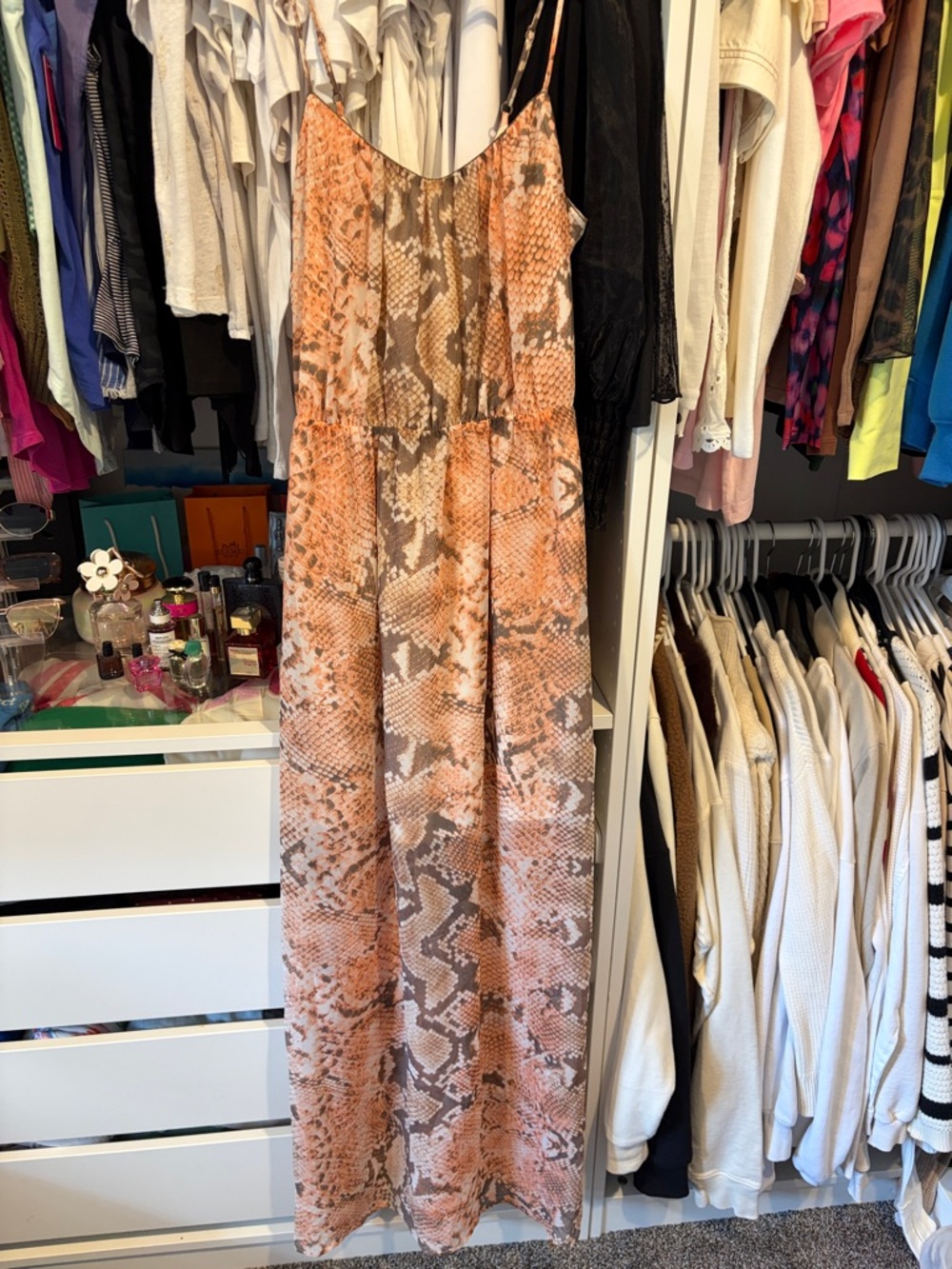 Lavender Brown Orange and Taupe Snake-Print Slip Dress